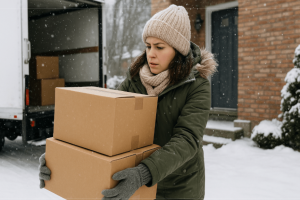 Femme en plein déménagement hivernal